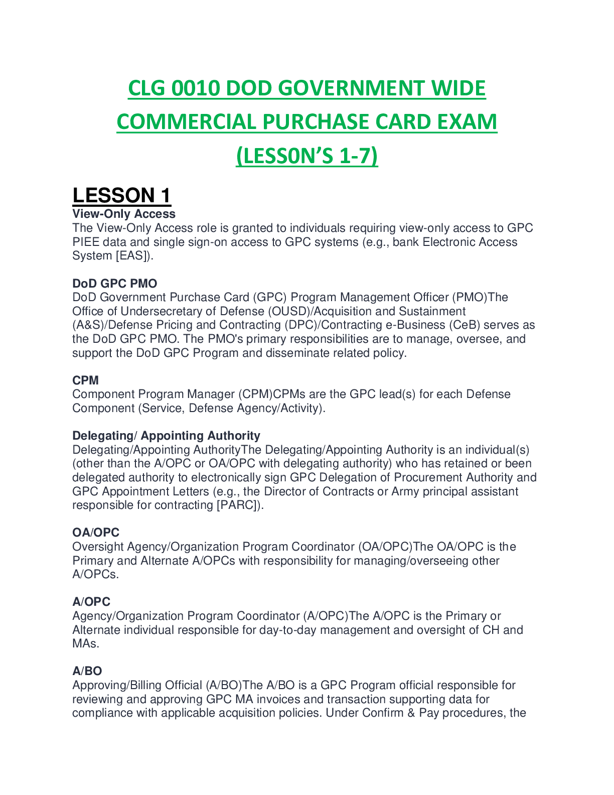 Preview image for CLG 0010 DOD GOVERNMENT WIDE COMMERCIAL PURCHASE CARD OVERVIEW EXAM  (LESSON'S 1-7) 100% SCORED SPRING SERIES.